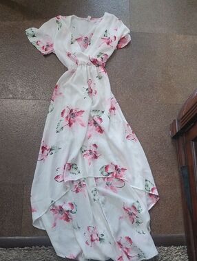 LARA White Dress with Pink Watercolor Floral Accents